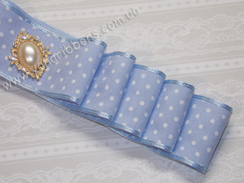 Стрічка текстильна блакитний джинс в білий горох 40 мм (уцінка)