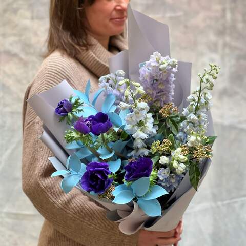 Bouquet «Blue garden», Flowers: Anemone, Ruscus, Delphinium, Viburnum