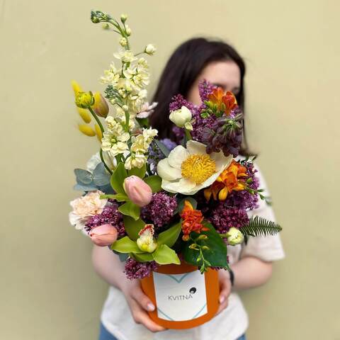 Box with flowers «Tiramisu», Flowers: Paeonia, Syringa, Matthiola, Tulipa, Freesia, Dianthus, Eucalyptus, Cymbidium