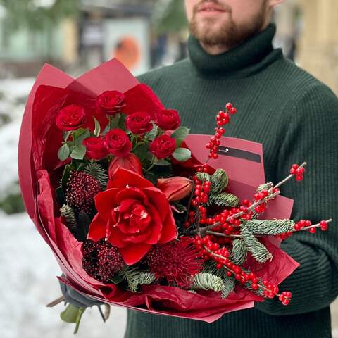 Bouquet «December compliment», Flowers: Bush Rose, Nobilis, Skimmia, Hippeastrum, Leucospermum, Ilex