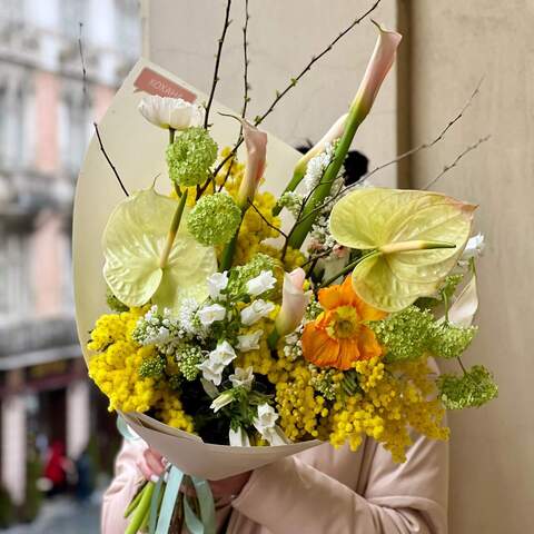 Photo of Exotic bouquet with anthuriums and calla lilies «Sunny emotions»