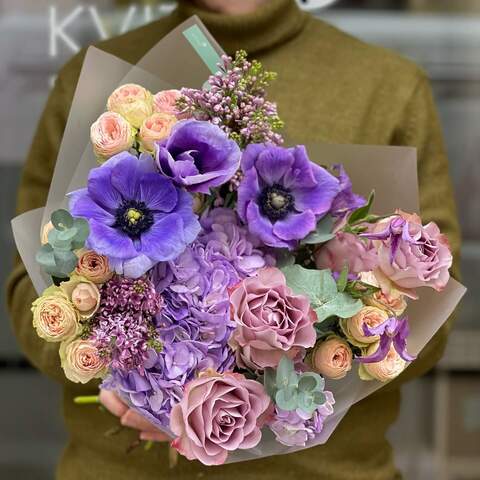 Bouquet in purple shades with hydrangea and anemones «Magic Lviv», Flowers: Hydrangea, Anemone, Bush Rose, Eucalyptus, Rose, Clematis, Syringa