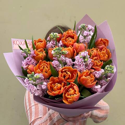 Букет «Апельсинки на облачках», Цветы: Тюльпан пионовидный, Маттиола