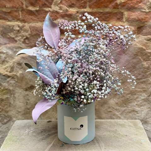 Composition in a box with gypsophila in pastel colors «Rainbow Cloud», Flowers: Magnolia, Gypsophila