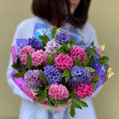 Bouquet «Colored Hyacinth», Flowers: Hyacinthus, Pittosporum