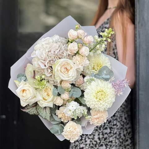 Bouquet «Unearthly Olga», Flowers: Pion-shaped rose, Hydrangea, Delphinium, Eucalyptus, Anthurium, Matthiola