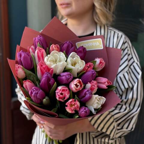 27 peony-shaped tulips in a bouquet «Colorful Mood», Flowers: Tulip pion-shaped, 27 pcs.