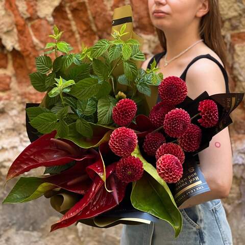 Interesting bouquet with rare anthuriums «Courage», Flowers: Dahlia, Anthurium, Rubus Idaeus