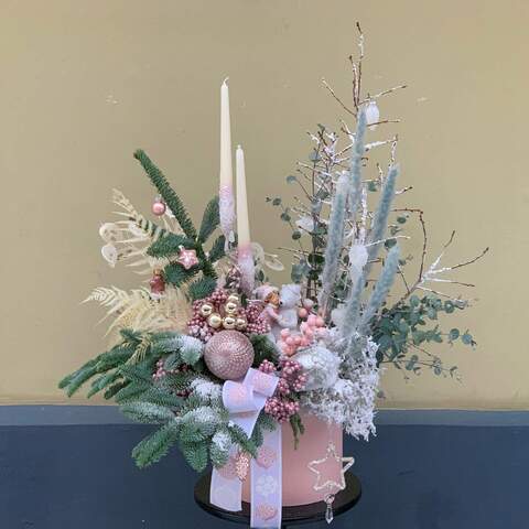 Composition in the box «Pink Mystery», Flowers: Nobilis, Lunaria, Eucalyptus, Cortaderia, Ledervaren