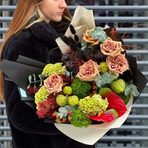 Bouquet «Temptation of Grinch», Flowers: Pion-shaped rose, Asclepias, Dianthus, Celosia, Lagurus, Anthurium, Eucalyptus, Stipa, Fir-needles