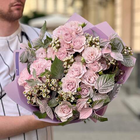 Purple bouquet with peony roses «Violet Fog», Flowers: Rubus Idaeus, Chamelaucium, Peony Spray Rose