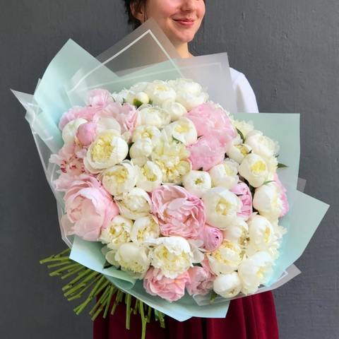 51 Peonies — White and Pink Mix, Large and delicate bouquet of peonies
