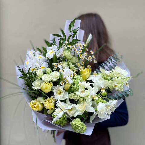 Bouquet «White Chocolate», Flowers: Tulip pion-shaped, Viburnum, Iris, Tanacetum, Phalaenopsis, Bush Rose, Narcissus, Eucalyptus, Ruscus
