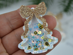 Патч шейкер Різдвяна ялинка біла з золотим бантиком