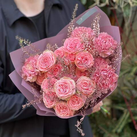 Cute pink bouquet «Anastasia's Smile», Flowers: Thlaspi, Dianthus, Peony Spray Rose