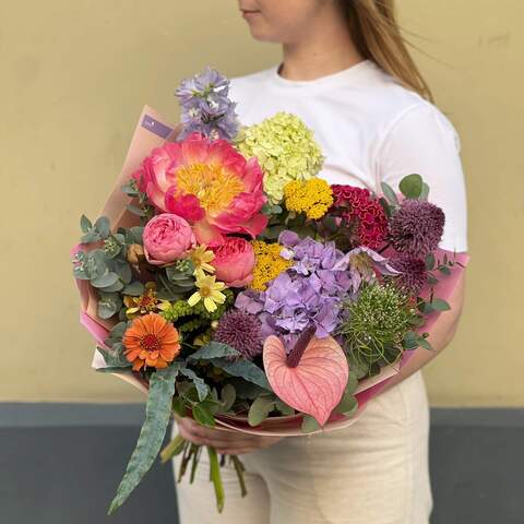 Bouquet «Colored sophistication», Flowers: Paeonia, Hydrangea, Anthurium, Allium, Celosia, Zinnia, Delphinium, Eucalyptus, Setaria, Pion-shaped rose