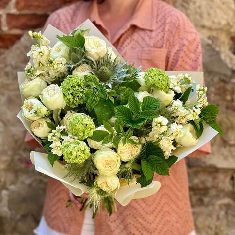 Light bouquet of spray peony roses «Breath of Warmth», Flowers: Viburnum, Peony Spray Rose, Eryngium, Matthiola, Rubus Idaeus