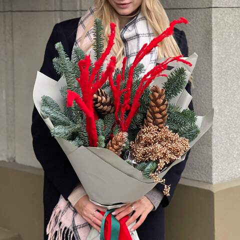 Christmas bouquet «Mood at home», Flowers: Nobilis, Asparagus, Cones, Schinus