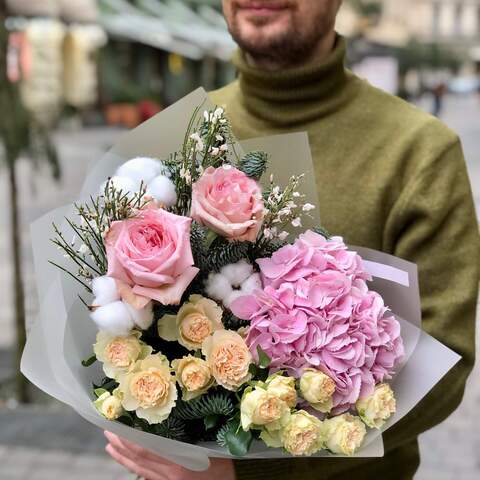 Delicate fragrant bouquet with peony roses, hydrangeas and genista «Apricot marshmallow», Flowers: Hydrangea, Pion-shaped rose, Genista, Bush Rose, Gossypium, Nobilis
