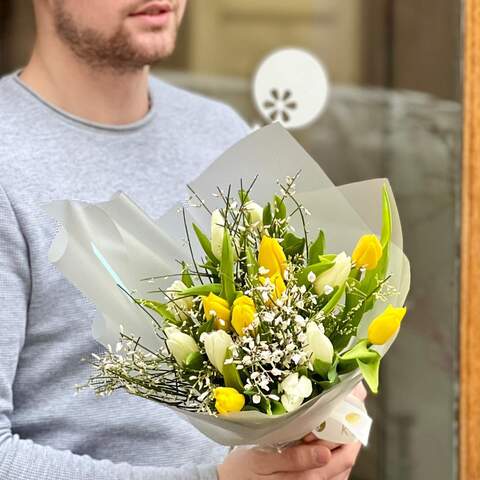 Spring bouquet of tulips and fragrant genista «Sunshine for you», Flowers: Tulipa, Genista