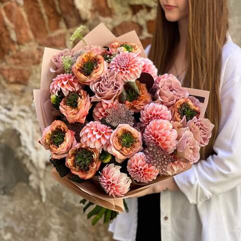 Luxurious, rich and bright bouquet «Secret Desire», Flowers: Dahlia, Peony Spray Rose, Cotinus, Pion-shaped rose