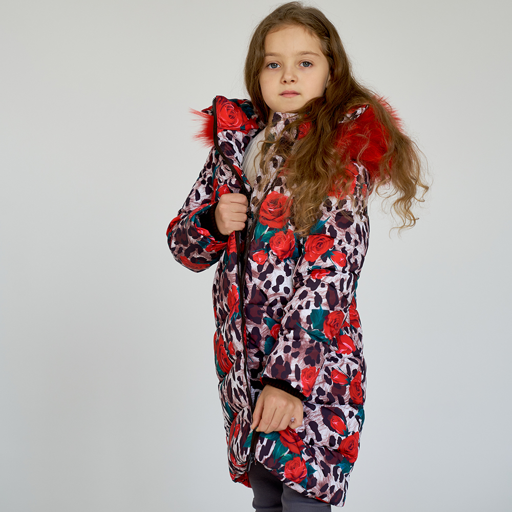 Детское подростковое зимнее пальто с принтом  Лео  розы с натуральной опушкой