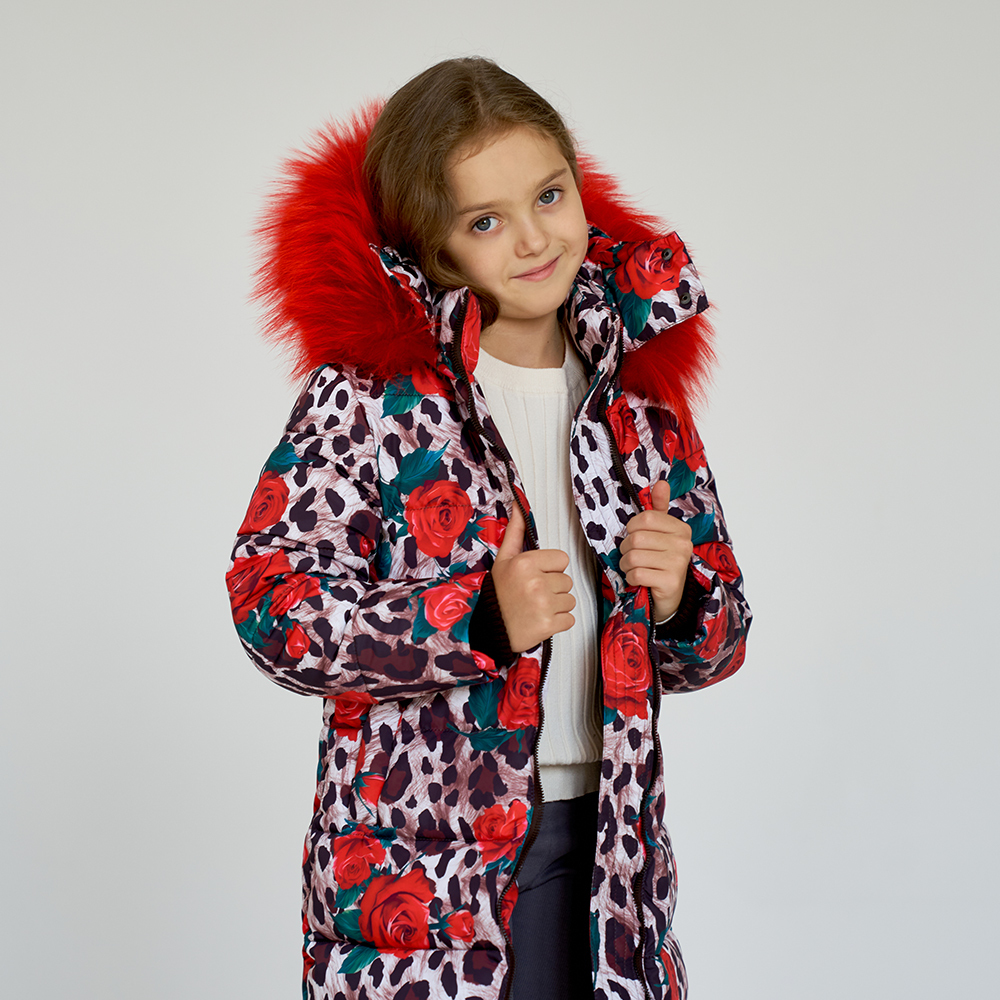 Детское подростковое зимнее пальто с принтом  Лео  розы с натуральной опушкой