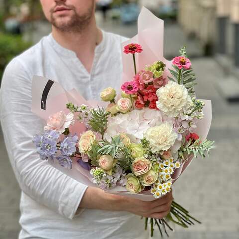 Delicate cute bouquet «Fairy Pollen», Flowers: Tanacetum, Matthiola, Antirinum, Dianthus, Zinnia, Delphinium, Hydrangea, Mimosa, Peony Spray Rose