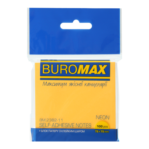 Блок паперу для нотаток BUROMAX NEON, 75х75 мм (100 арк.) помаранчевий (BM.2382-11)