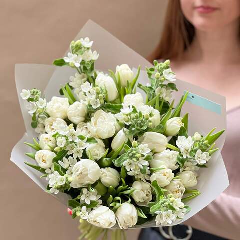 Snow-white bouquet of peony-shaped tulips and oxypetalum «Innocence», Flowers: Tulip pion-shaped, Oxypetalum