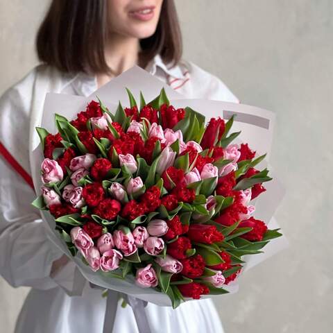 Photo of Sweet bouquet of a combination of bright and delicate tulips «Girl's Love»