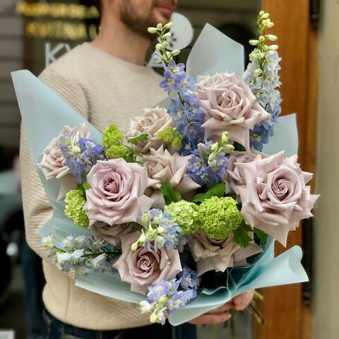 Romantic lush bouquet of roses and delphinium «Lavender fairytale», Flowers: Viburnum, Delphinium, Rose