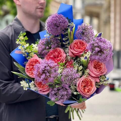 Photo of Interesting bouquet with peony roses and allium «Purple sunset»