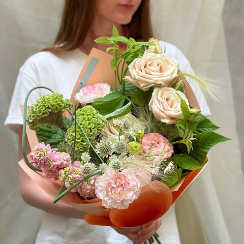 Bouquet «Summer serenity», Flowers: Rose, Dianthus, Celosia, Matthiola, Eustoma, Astrantia, Raspberry twigs
