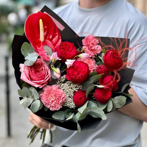 Bouquet «Crimson romance», Flowers: Anthurium, Peony Spray Rose, Eucalyptus, Dianthus, Stipa, Lathyrus, Pion-shaped rose