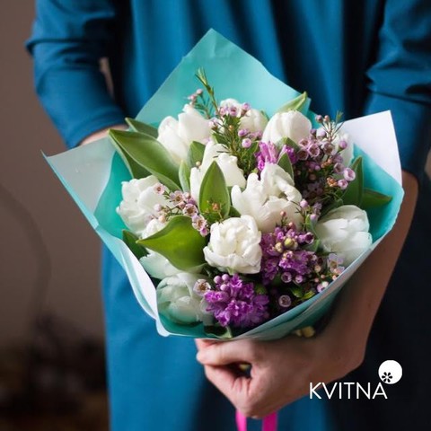 Bouquet with hyacinths, Delicate spring bouquet with hyacinths and chamelaceum
