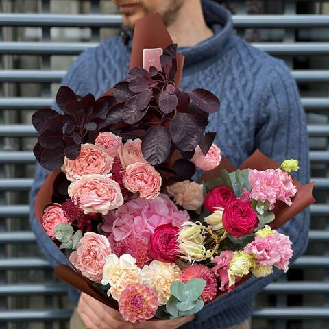 Bouquet «Sweet Twilight», Flowers: Pion-shaped rose, Eustoma, Hydrangea, Cotinus, Dahlia, Kaaps Seruria, Astilbe, Dianthus