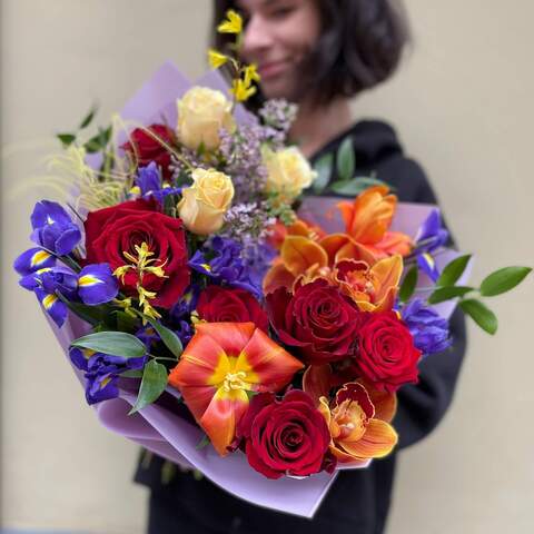 Bouquet «Constellation», Flowers: Iris, Tulipa, Syringa, Rose, Cymbidium, Ruscus, Stipa