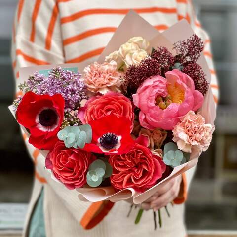 Bright bouquet with peonies and anemones «Juicy Kiss», Flowers: Paeonia, Anemone, Pion-shaped rose, Skimmia, Bush Rose, Dianthus, Eucalyptus, Syringa
