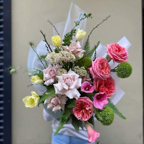 Bouquet «Spring flower», Flowers: Pion-shaped rose, Ozothamnus, Zantedeschia, Dianthus, Tulipa, Syringa