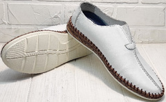 Кожаные слипоны мужские туфли на плоской подошве деловой кэжуал летние Luciano Bellini 91724-S-304 All White.