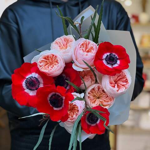 Photo of Bouquet of premium peach-colored peony roses and red anemones «Bright dawn»