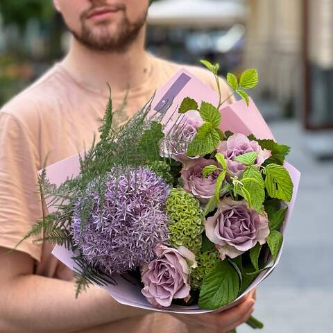 Bouquet «Light greeting», Flowers: Allium, Rose, Celosia, Asparagus, Raspberry twigs