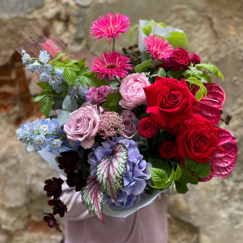 Bouquet «Lady's Whim», Flowers: Hydrangea, Rose, Delphinium, Anthurium, Gerbera, Paeonia, Dianthus, Ozothamnus, Cosmos, Rubus