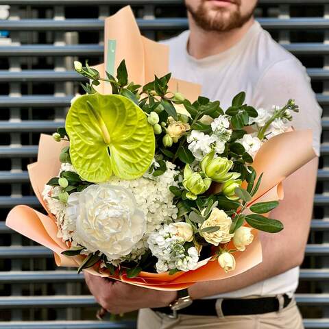 Bouquet «Lime sorbet», Flowers: Anthurium, Paeonia, Hydrangea, Matthiola, Helleborus, Lilium, Peony Spray Rose, Pittosporum