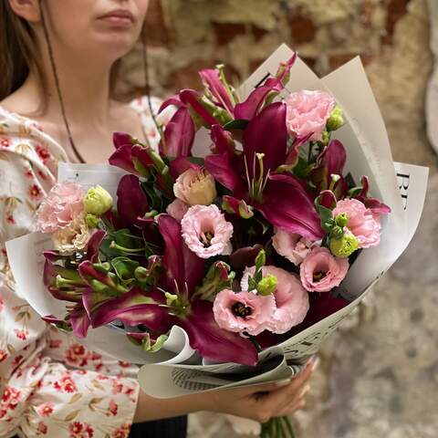 Photo of Rich and delicate bouquet with premium Tropical Dragon lilies «Plum Aroma»