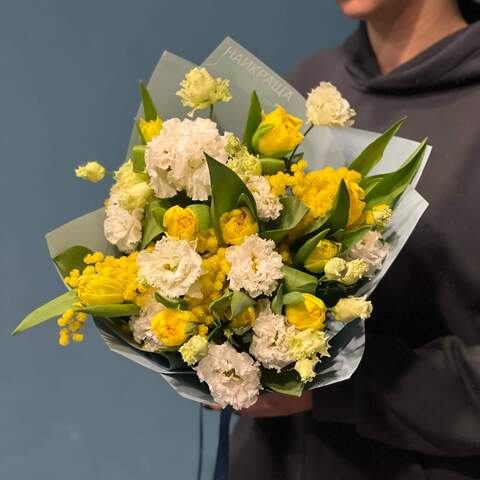 Sunny bouquet «Hello!», Flowers: Eustoma, Mimosa, Tulipa