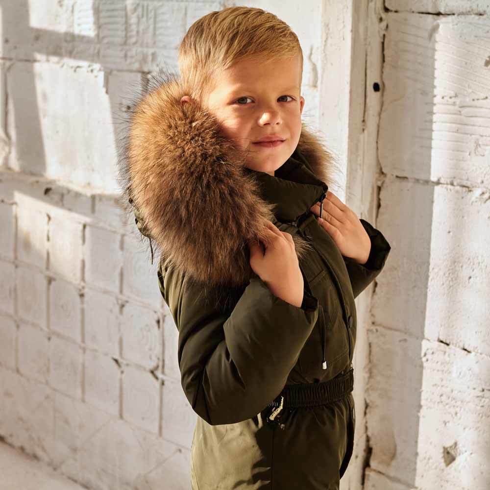 Дитячий зимовий комбінезон з натуральною опушкою для хлопчиків у кольорі хакі