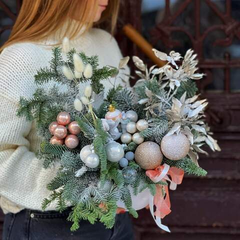 Christmas composition «Forest fairy tale», Flowers: Nobilis, Pittosporum, Lagurus, Decoration