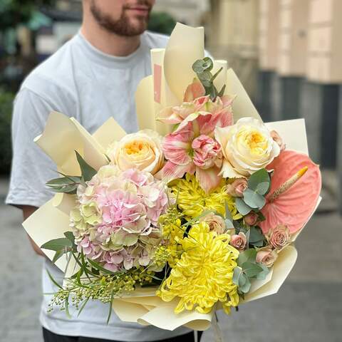 Bouquet «Sweet candy», Flowers: Chrysanthemum, Hydrangea, Hippeastrum, Pion-shaped rose, Mimosa, Anthurium, Eucalyptus, Bush Rose